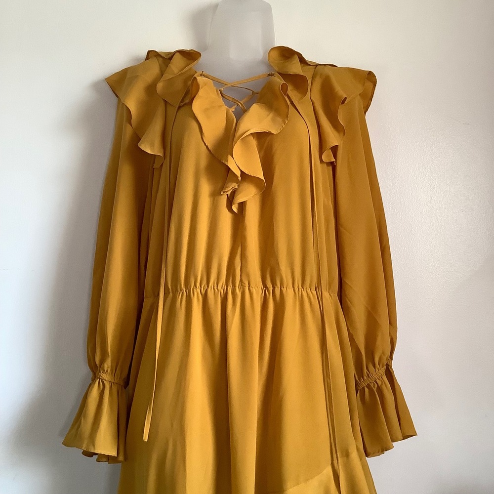 Eloquii Mustard Yellow Ruffle Lace Up High Low Maxi Dress Womens Size 14 Boho - Picture 8 of 16